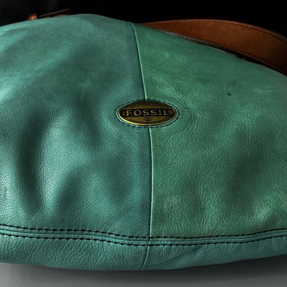 FOSSIL 2 TONE LEATHER AQUA/TEAL SHOULDER BROWNLEATHERBAG W/BRASS TONE HARDWARE - Picture 3 of 12